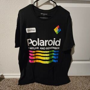 Polaroid OneStep Capture and Remember Graphic T Shirt 2XL Black Rainbow Stripes